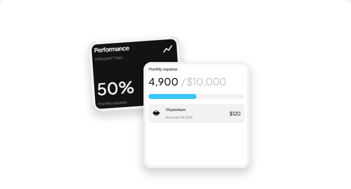 Analytics dashboard cards showing performance and monthly expenses
