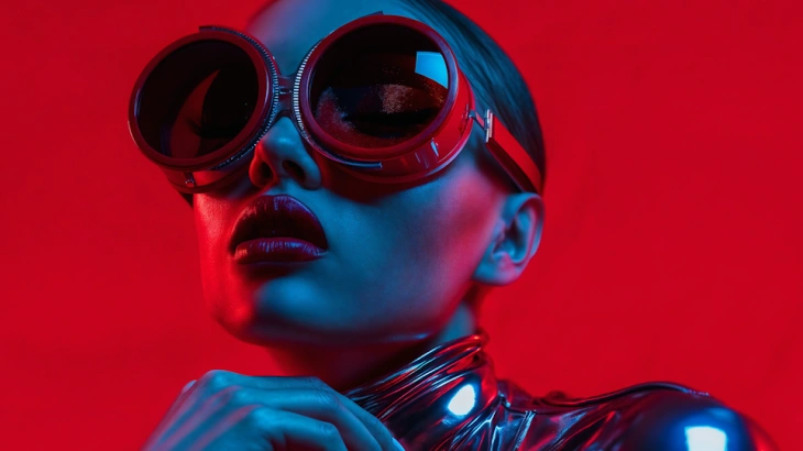 Woman wearing large round sunglasses and shiny metallic clothing against a red background with dramatic blue and red lighting.