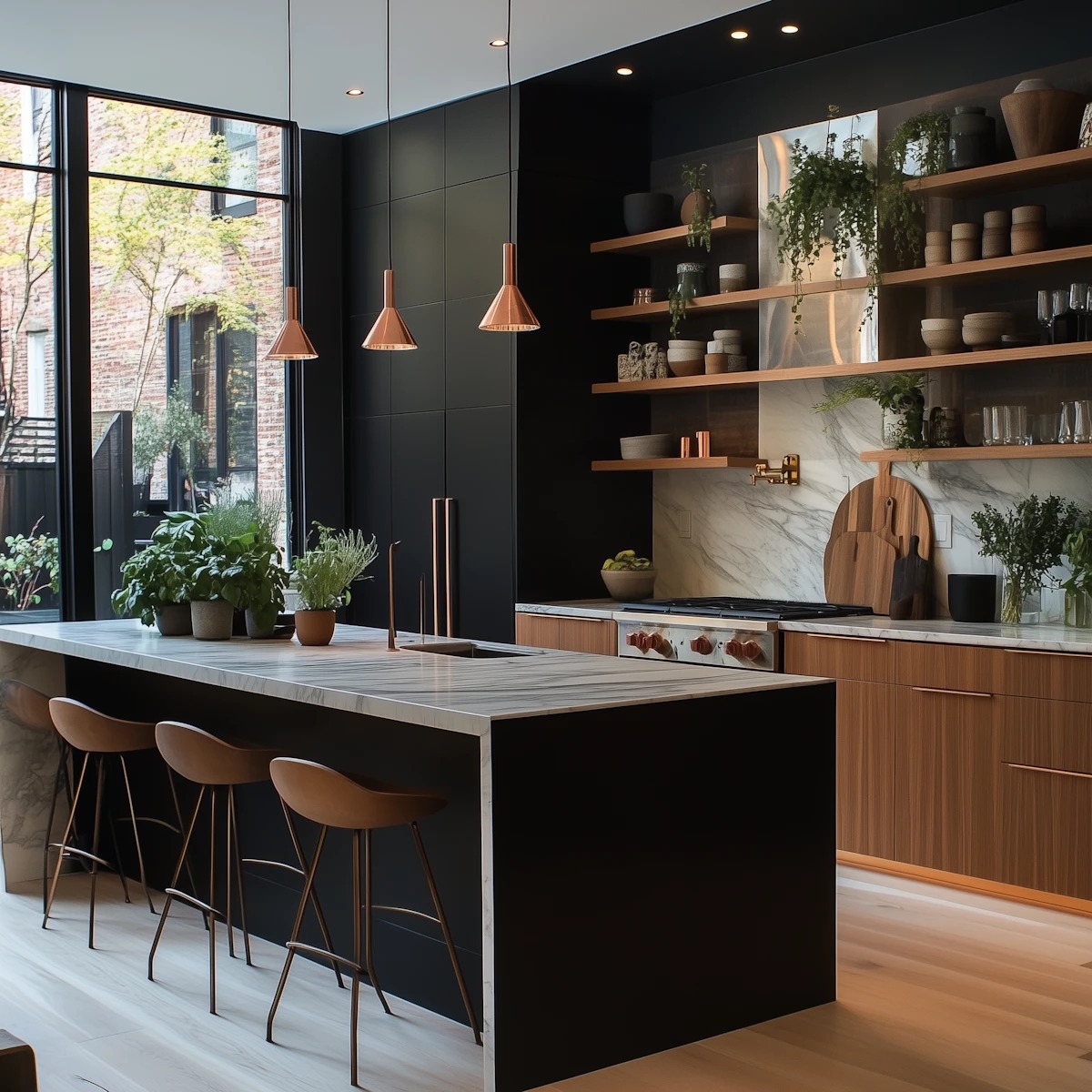 Dark contemporary kitchen with pendant lights and a marble island