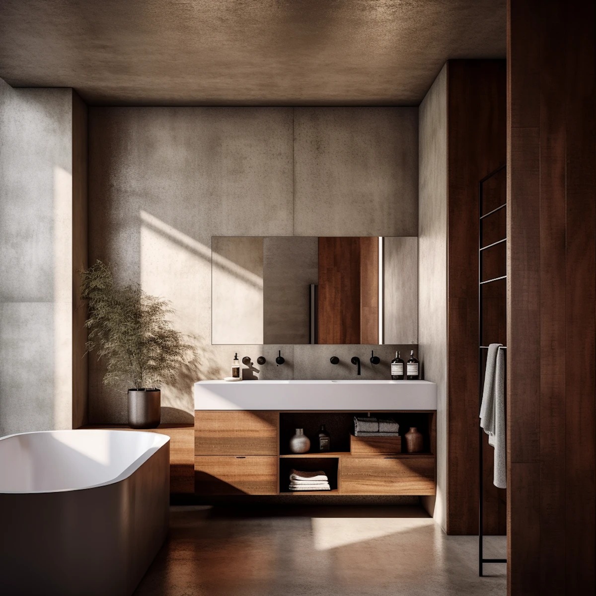 Warm minimalist bathroom with wood vanity