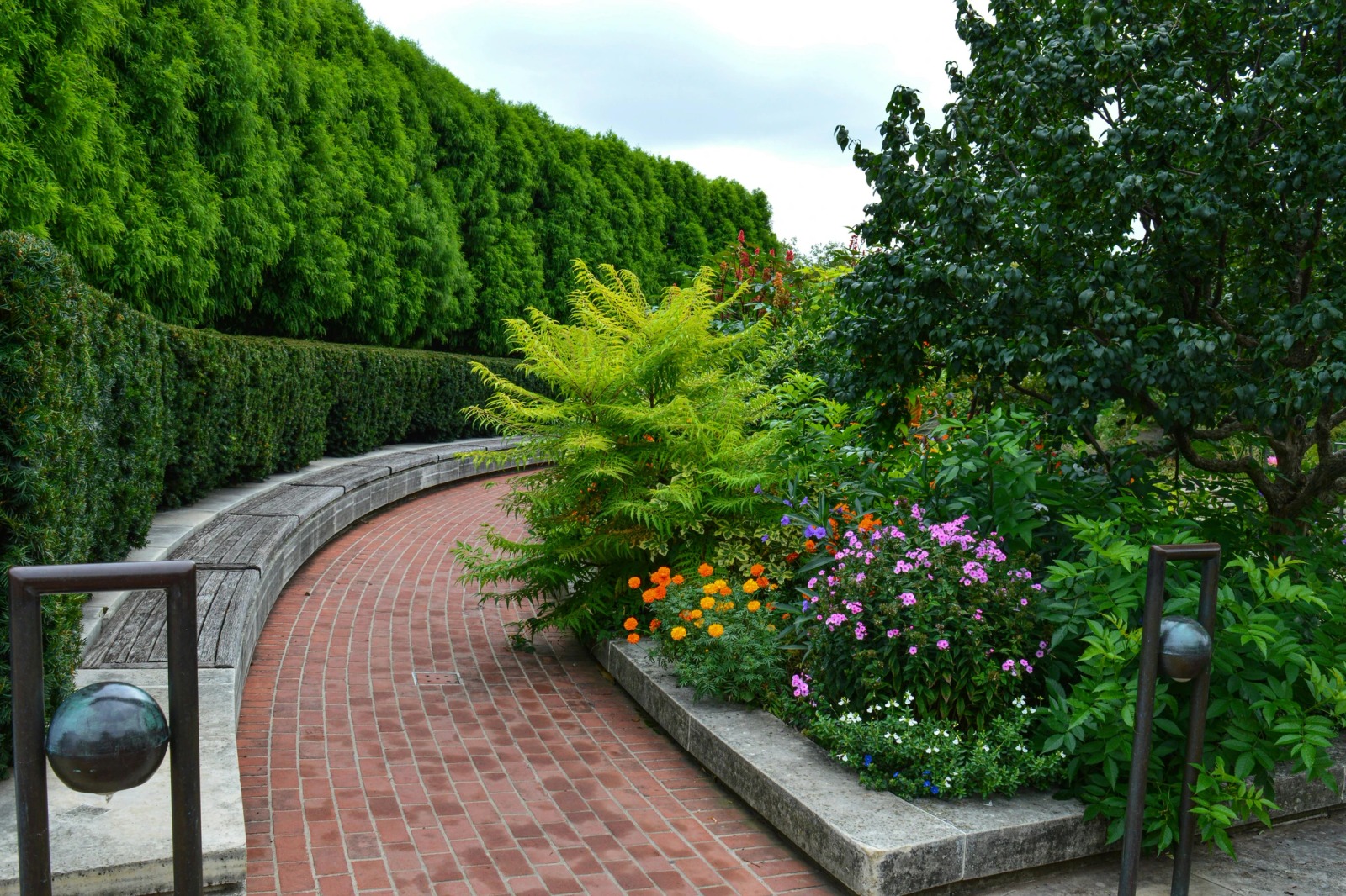 Brick garden path bordered by flowers and hedges