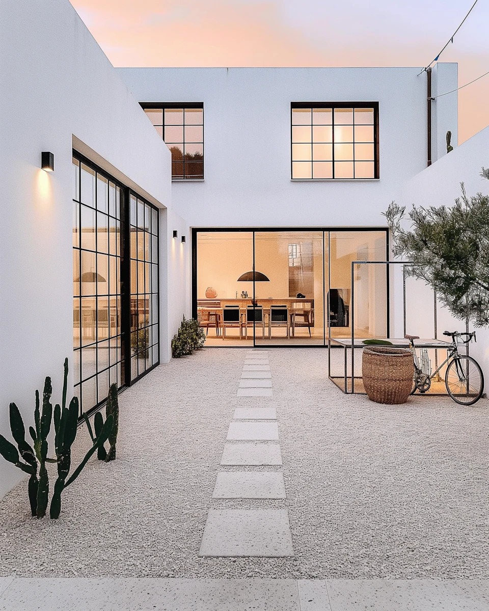 White modern exterior with a garden path
