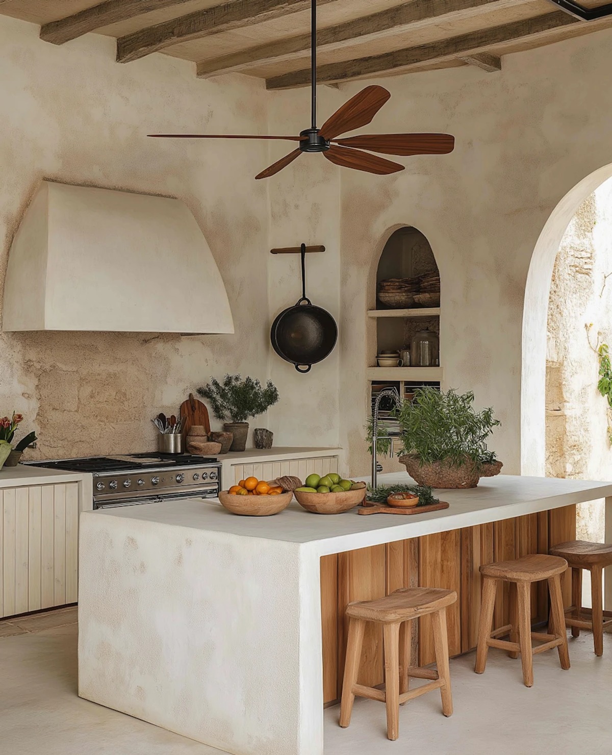 Rustic kitchen with a large stone island