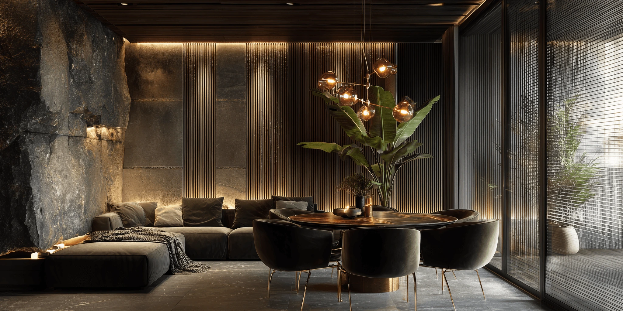 A living room with a couch, a table and chairs