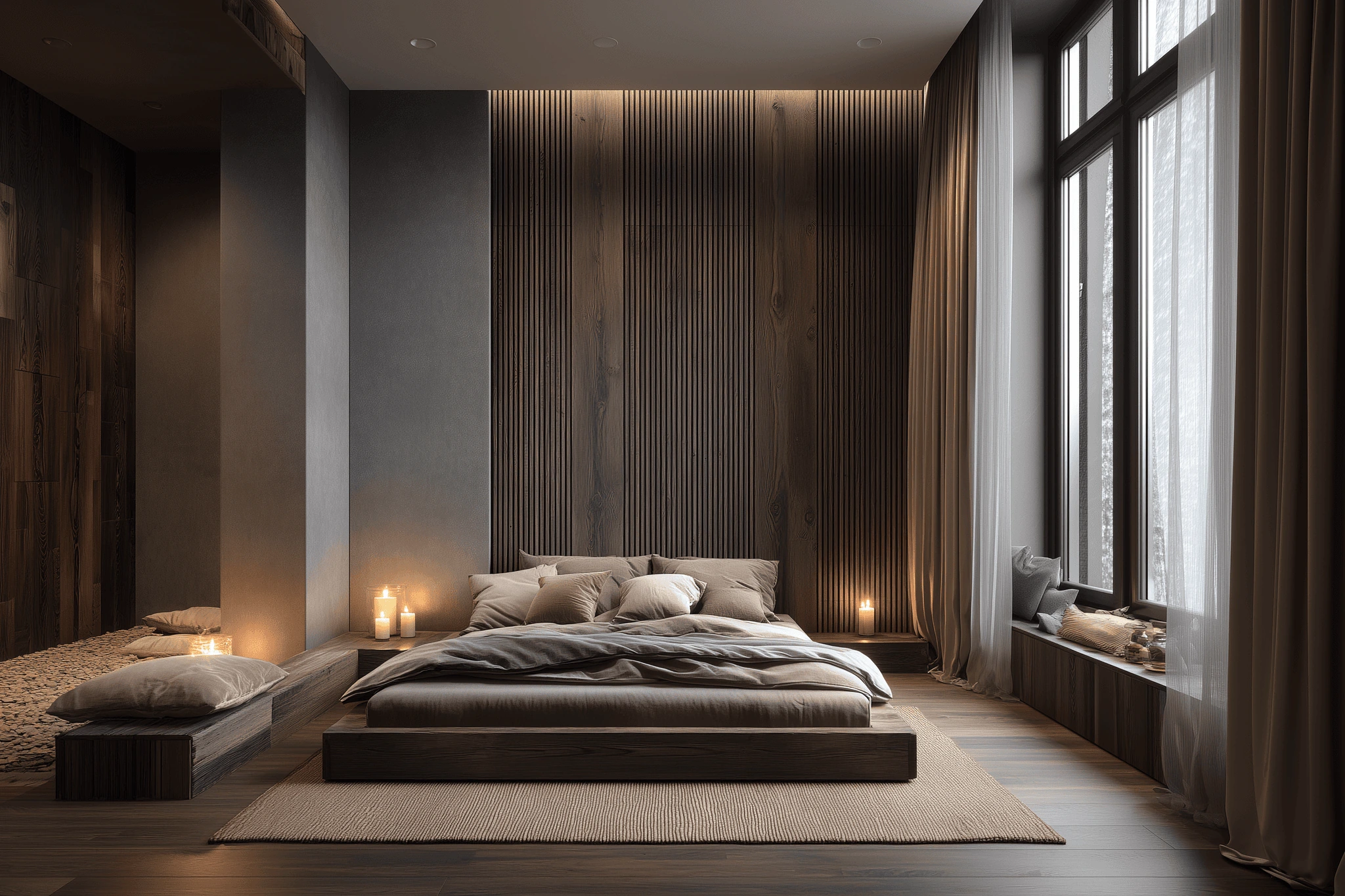 A modern bedroom with a large window