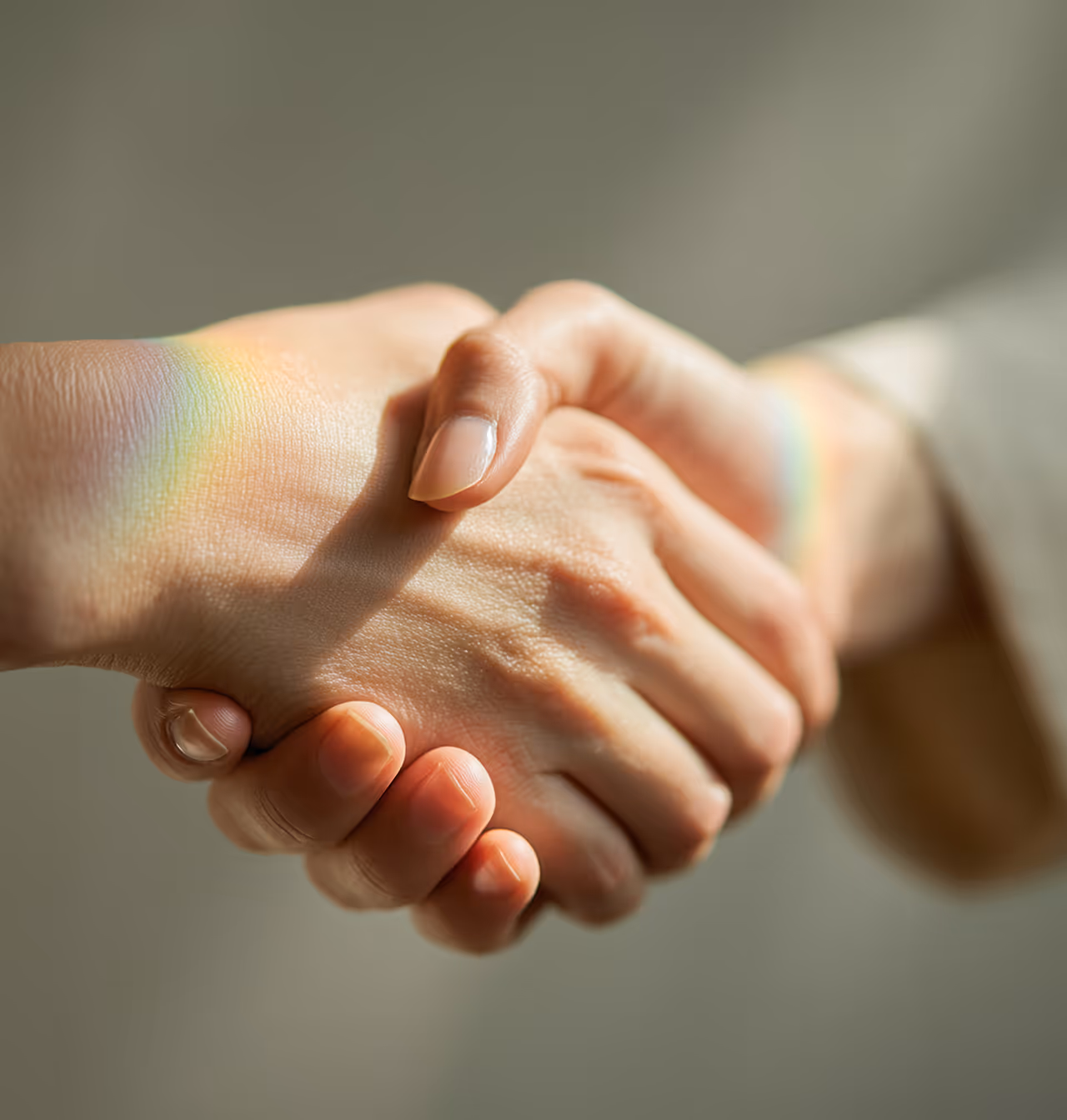 Close-up of two hands shaking with soft natural light and a faint rainbow reflection.