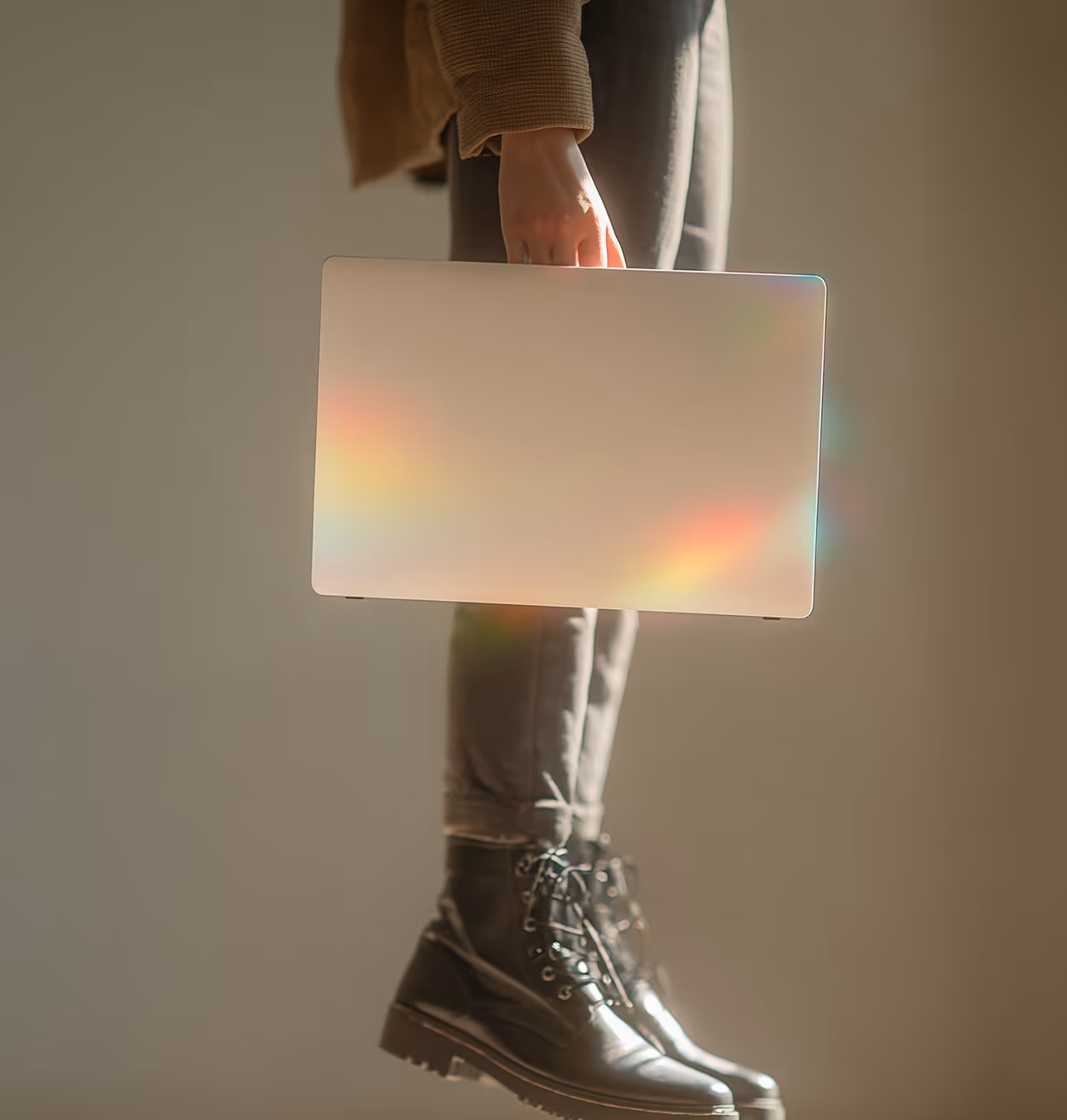 Person holding a closed laptop by its edge, with light creating subtle rainbow reflections on the laptop surface, wearing black boots and gray pants.